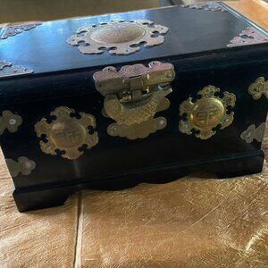 Jewelry Box, Wooden, Black Lacquered, Antique Asian